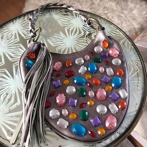 Gunmetal leather bejeweled party purse